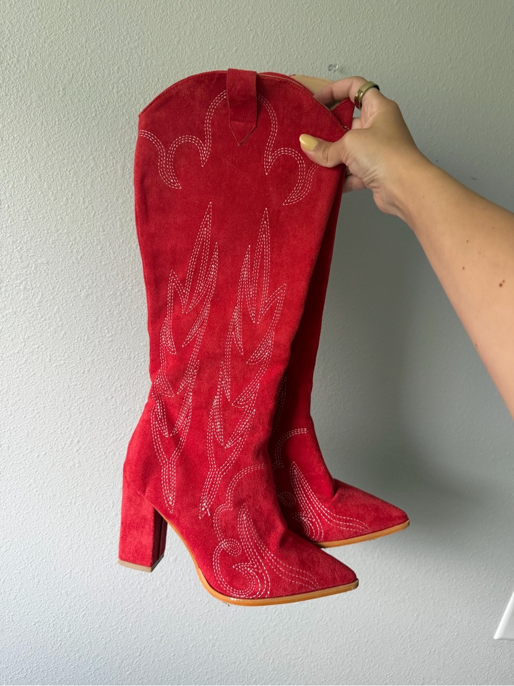 Red Suede Western Knee-High Boots
